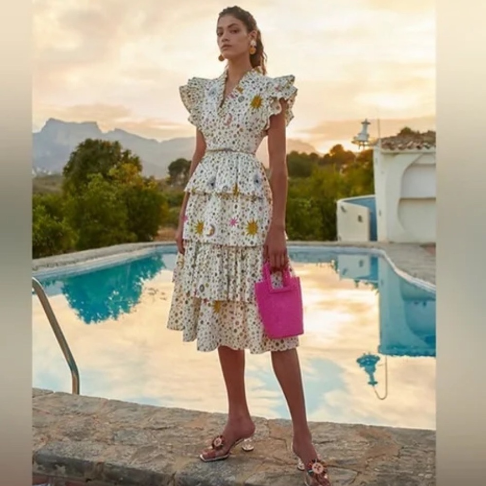 CeliaB Delfina tiered celestial star midi dress sz S